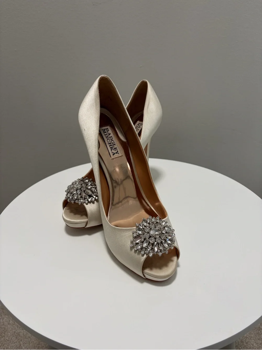 Badgley Mischka Ivory Satin Peep-Toe Heels with Crystal Brooch